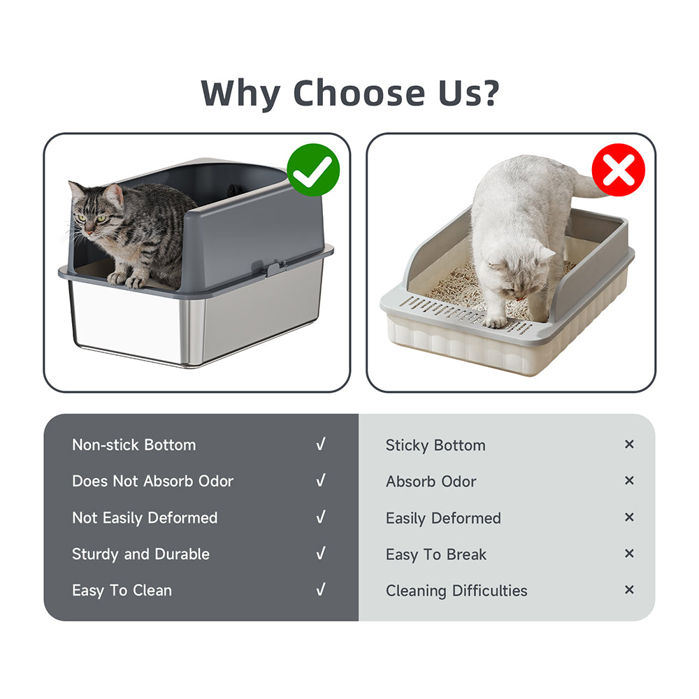 Large Square Easy Cleaning Cat Litter Box Eco Friendly Stainless Steel Cats Sandbox Toilet And Accessories(24''L X 16''W X 12''H with Scoop&mat)