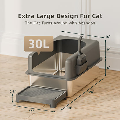 Large Square Easy Cleaning Cat Litter Box Eco Friendly Stainless Steel Cats Sandbox Toilet And Accessories(24''L X 16''W X 12''H with Scoop&mat)