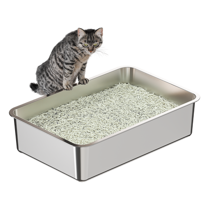 Big Space Widening Pet Stainless Steel Cat Litter Box Easy-to-Clean Metal Litter Pan for Cats (24''L X 16''W X 6''H only pan)