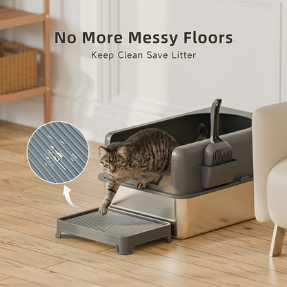 Large Square Easy Cleaning Cat Litter Box Eco Friendly Stainless Steel Cats Sandbox Toilet And Accessories(24''L X 16''W X 12''H with Scoop&mat)