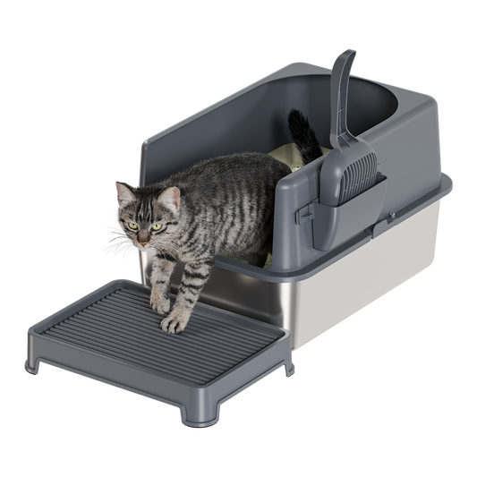 Semi Enclosed Stainless Steel Litter Cat Litter Box Pan Tray With High Wall Foot-Board Scoop Durable Portable Luxury(20''L X 14''W X 12''H with Scoop&mat)