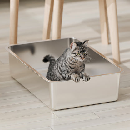 Big Space Widening Pet Stainless Steel Cat Litter Box Easy-to-Clean Metal Litter Pan for Cats (24''L X 16''W X 6''H only pan)